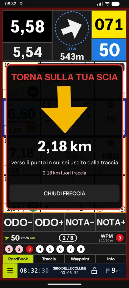 La freccia di back-track verso il punto in cui sei uscito dalla traccia