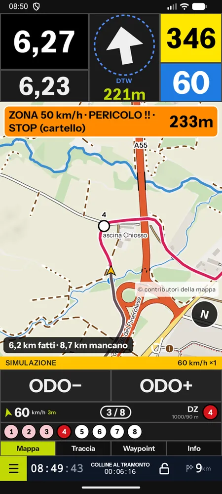 La navigazione GPX su mappa offline con l'avviso di un pericolo a 233 m