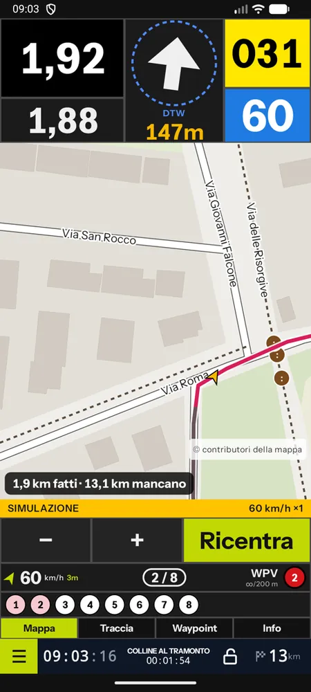 La mappa spostata con il dito e il pulsante Ricentra