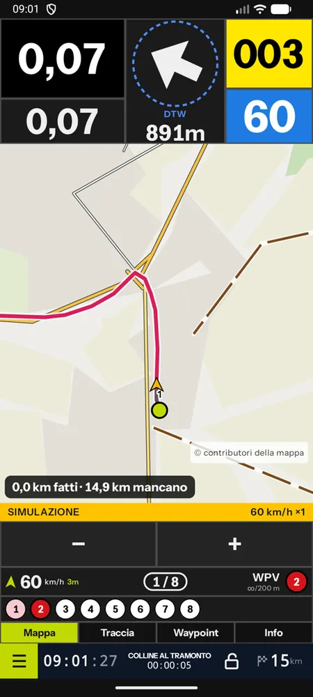La mappa GPX nella direzione di marcia con i km fatti e mancanti e i tasti meno e più