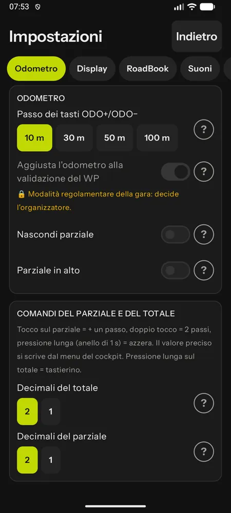 La scheda Odometro con l'aggiustamento ai WP bloccato dalla modalità regolamentare