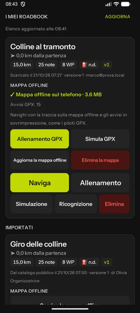 Un roadbook pubblico con la mappa offline sul telefono, Allenamento GPX e Simula GPX