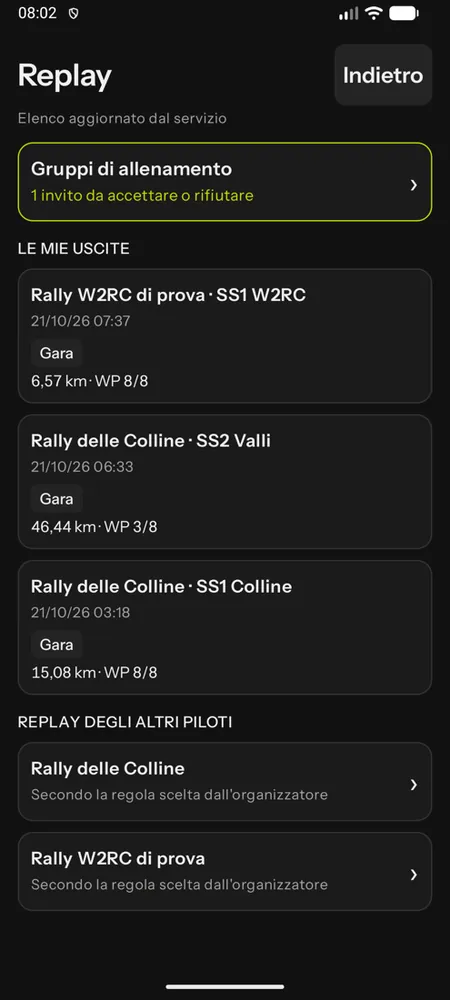 L'elenco dei Replay con l'invito di un gruppo, le mie uscite e i replay degli altri piloti