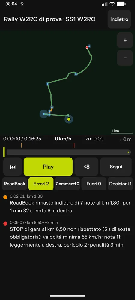 Il lettore del replay con gli errori: LateNote e STOP di gara non rispettato