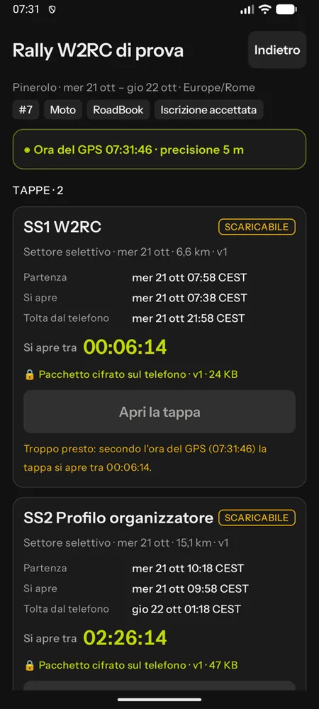 Le tappe di un evento scaricabili, con il conto alla rovescia all'apertura e il pacchetto cifrato sul telefono