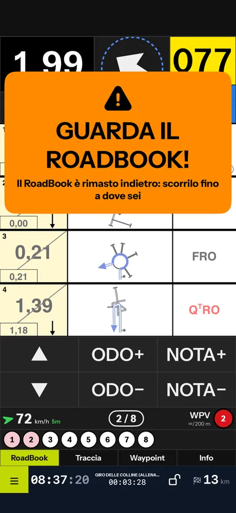 L'avviso arancione GUARDA IL ROADBOOK! su iPhone