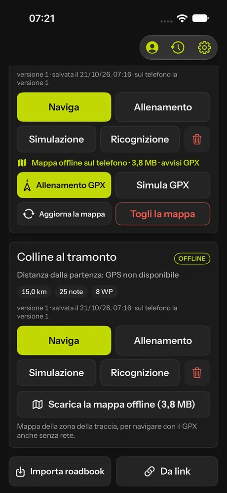 Un roadbook scaricato con Naviga, Allenamento, Simulazione, Ricognizione e la mappa offline, e un altro da scaricare