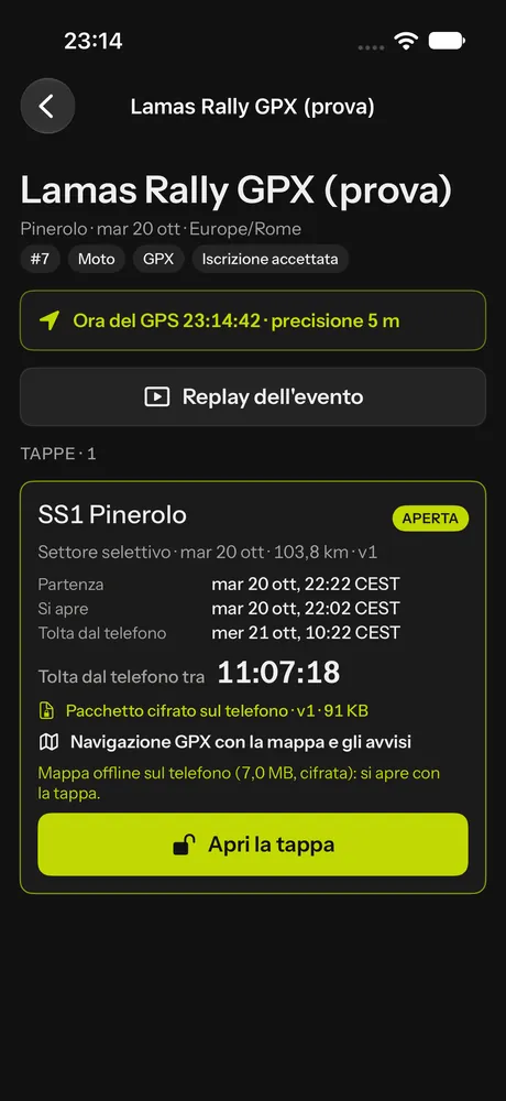 Una tappa GPX in I miei eventi con la mappa offline cifrata sul telefono