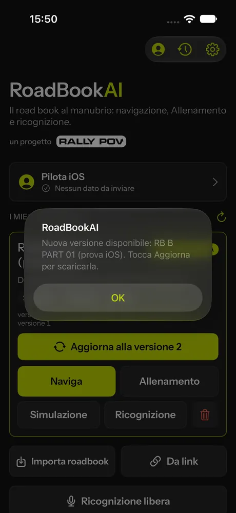 L'avviso di una versione nuova e il pulsante Aggiorna alla versione 2