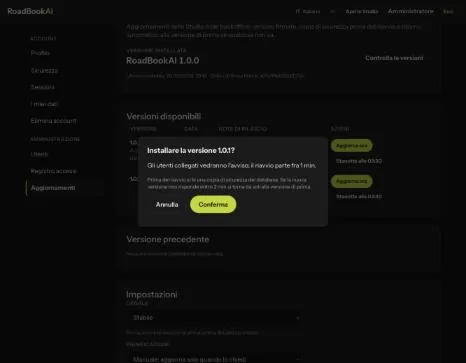 La conferma dell'aggiornamento con la copia di sicurezza e il ritorno automatico