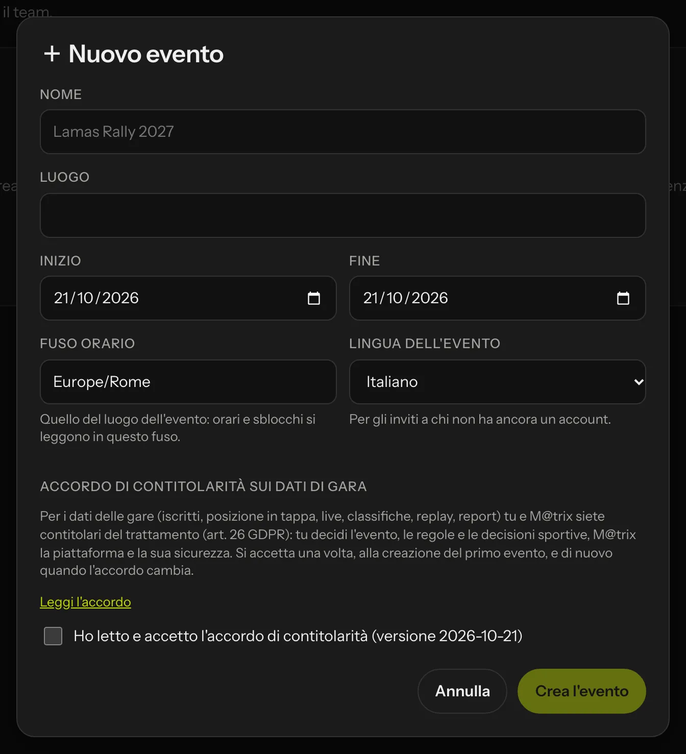 La finestra Nuovo evento con nome, luogo, date, fuso orario, lingua e l'accordo di contitolarità da accettare