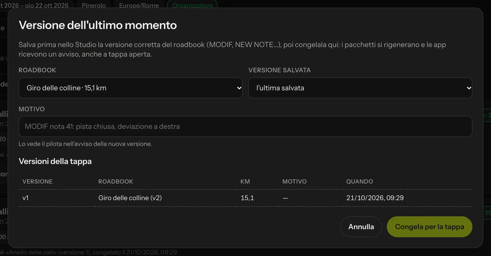 La finestra Versione dell'ultimo momento con il motivo e lo storico delle versioni della tappa