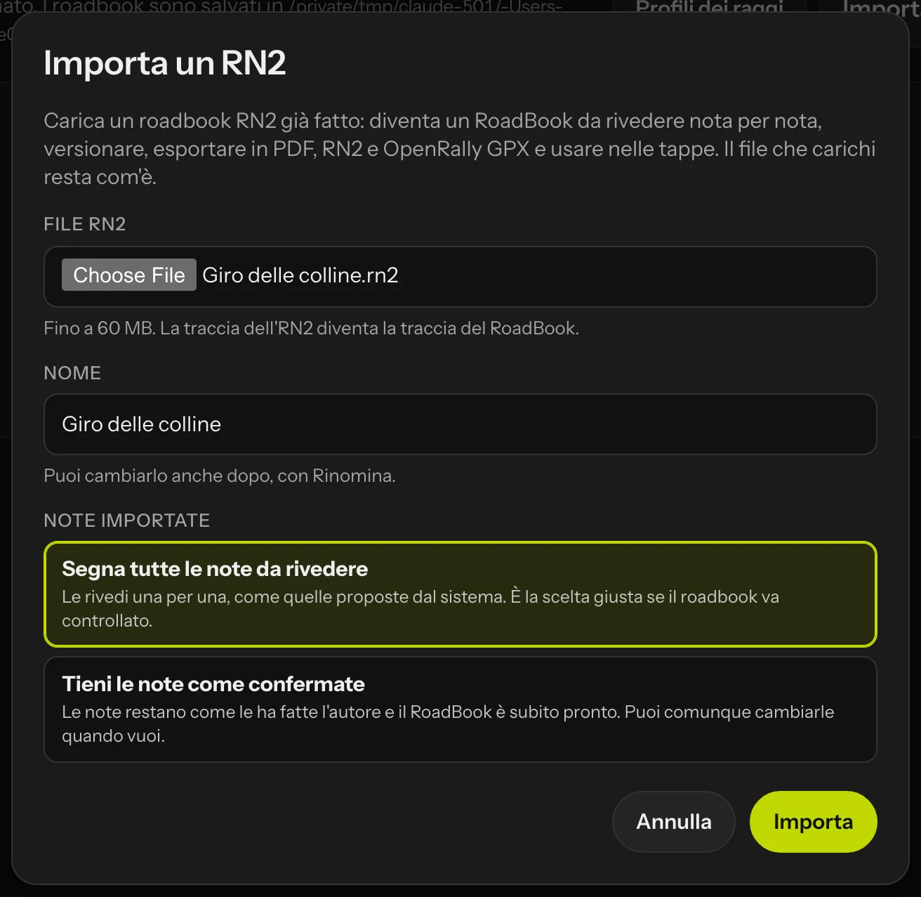 La finestra Importa RN2 con il file, il nome e la scelta sulle note importate